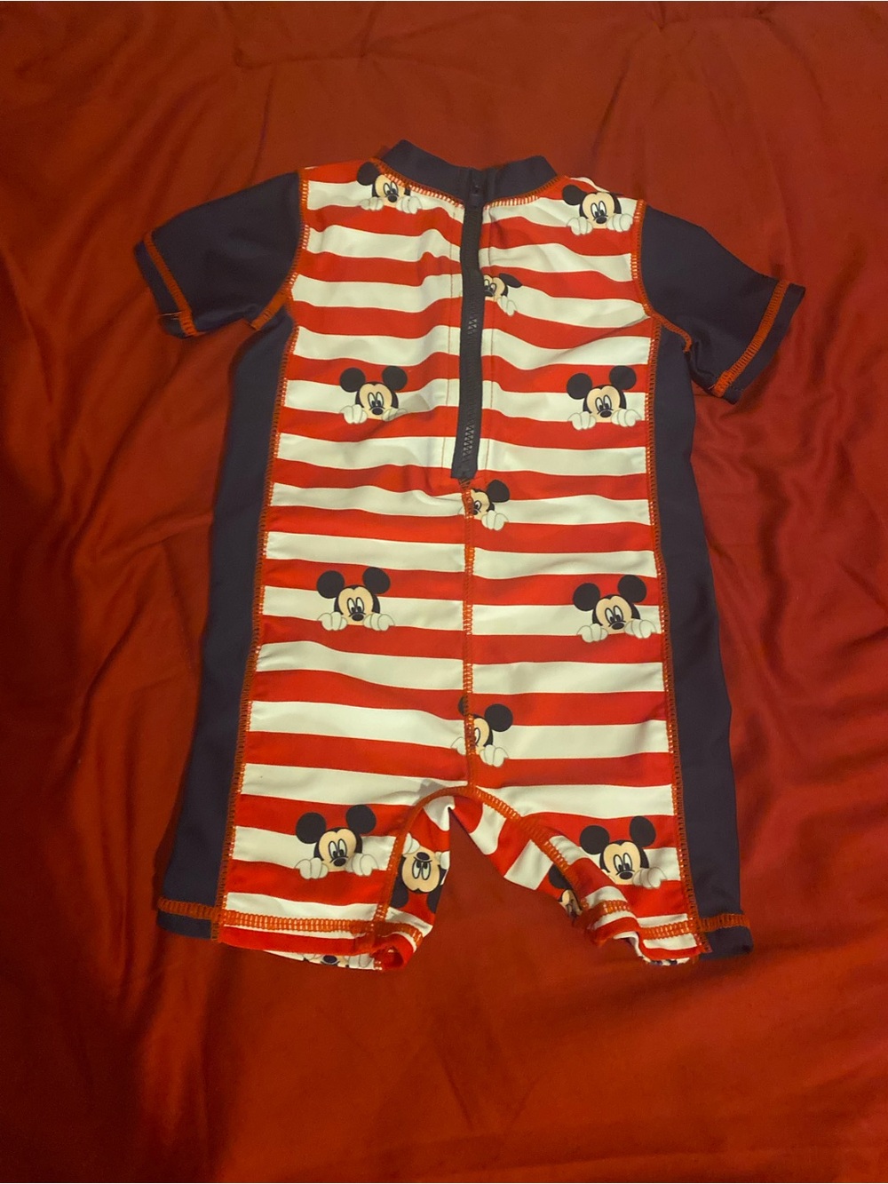 Disney Mickey Mouse Red & wWhite Striped Kids One-Piece Swim Suit